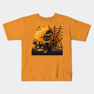 Creepy Black Cat And Pumpkin Halloween T-shirt Kids T-Shirt
